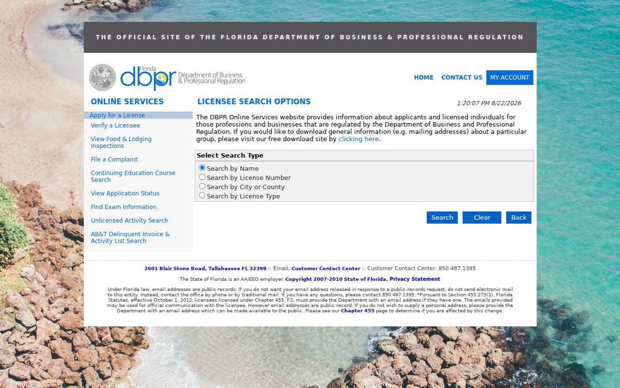 Florida DBPR license search used for Crestview resident verification