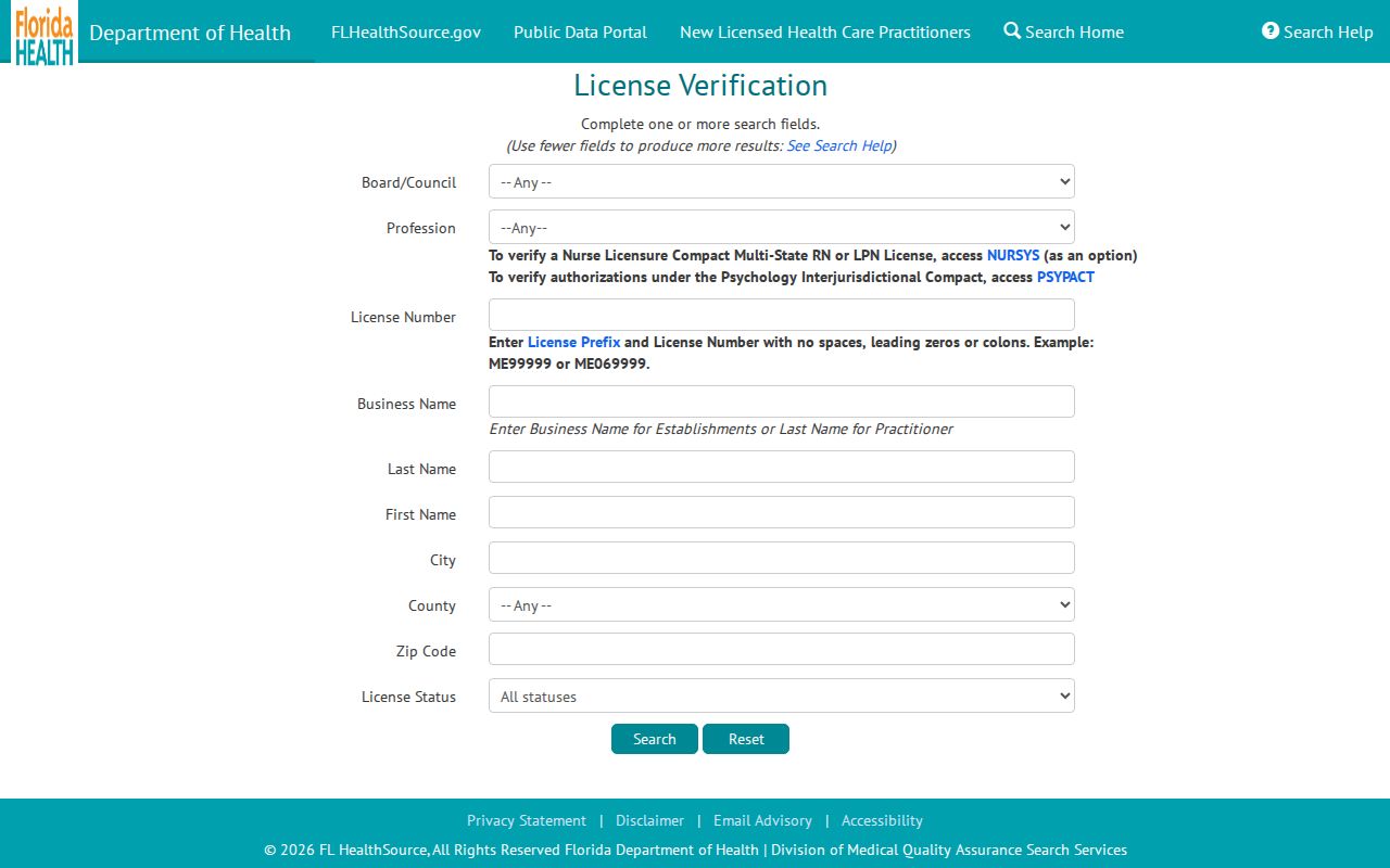 Florida MQA practitioner search used in a Crestview resident lookup