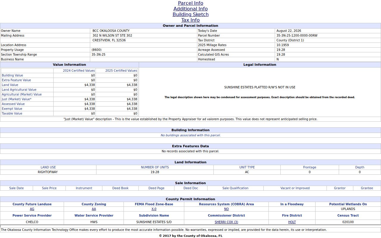 Official Okaloosa parcel card fields for a Crestview address